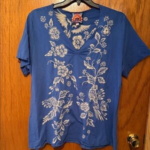 Johnny Was Blue Top with Colorful Embroidery